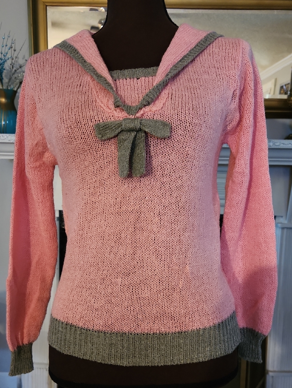 Vintage Knitted Sailor Sweater Featuring A Pink Body With Grey Trim Sz. Small
